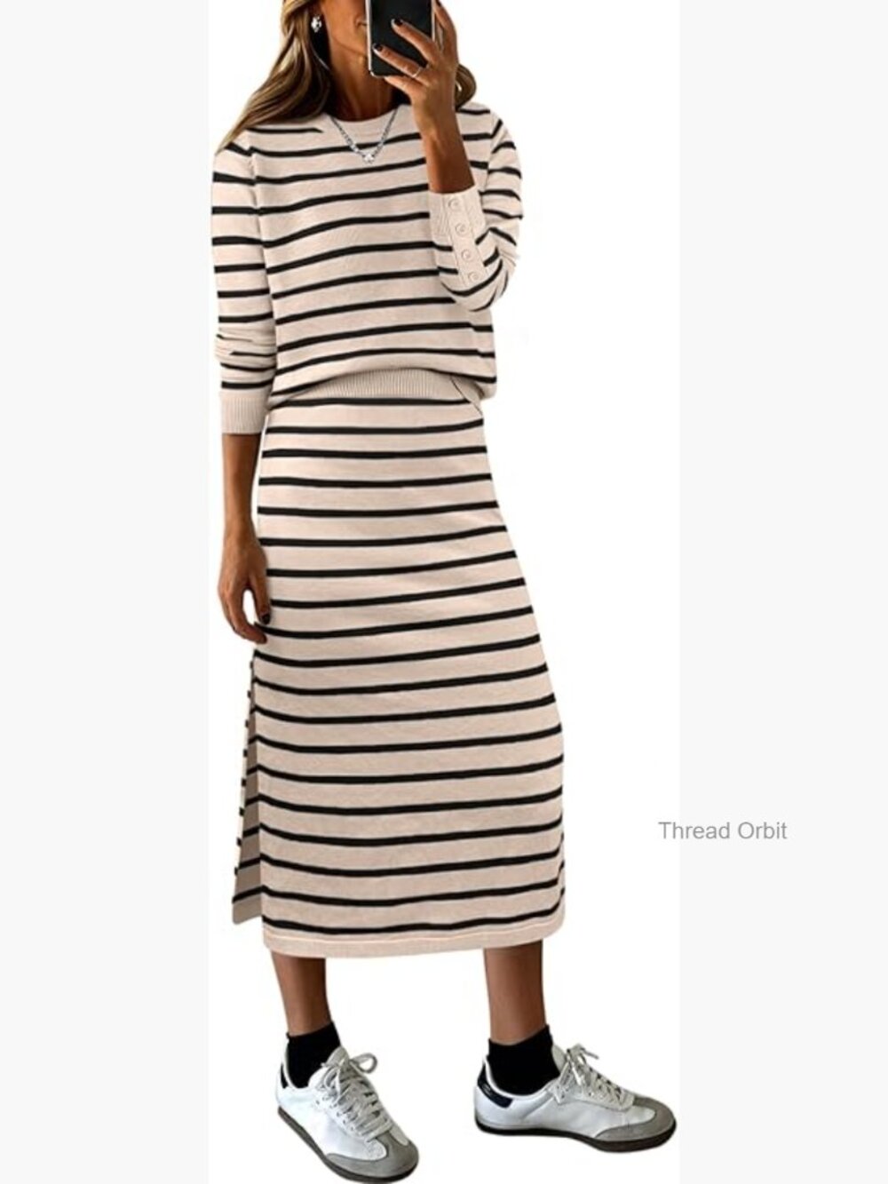 2 Piece Striped Sweater Skirt Set Long Sleeve Pullover Midi Dress Lounge Travel
